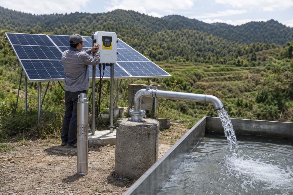 A realistic outdoor HYBSUN solar water pump system installed in a remote farming area, showing a stainless steel solar submersible pump displayed beside a concrete borehole while the actual water supply runs from the wellhead through clean metal piping into a storage tank. A Chinese technician checks the HYBSUN solar pump controller mounted near the solar panels, with black cables connected neatly for professional operation. Clear water flows strongly from the outlet pipe into the tank, demonstrating how a solar water pump can provide reliable off grid water supply for agriculture, livestock, irrigation, and rural living. The scene includes a solar powered pond pump style installation layout, a complete pond pump system setup, bright solar panels, green hills, and a natural countryside environment.