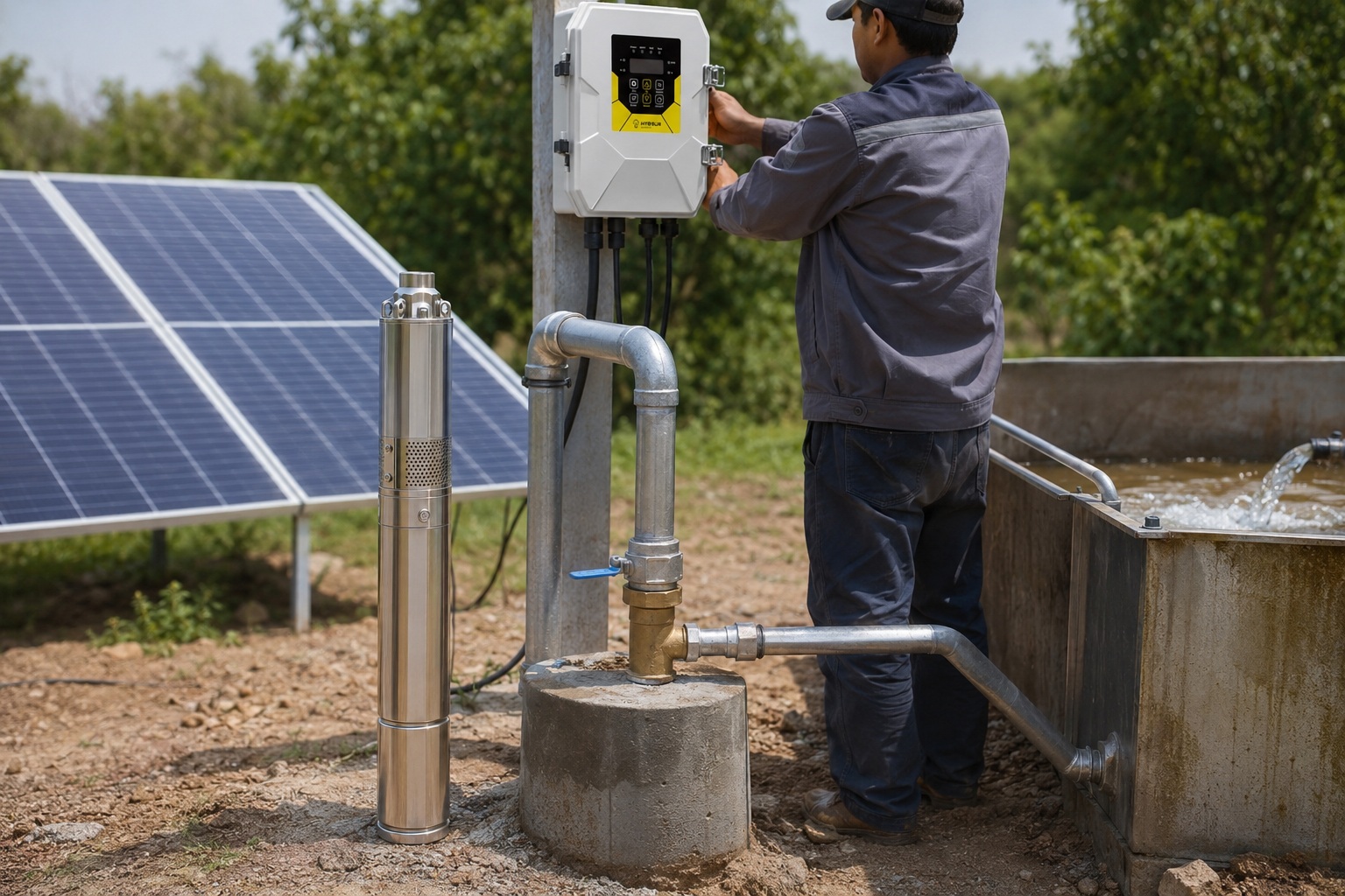 A collection of different aftermarket solar water pumps on display