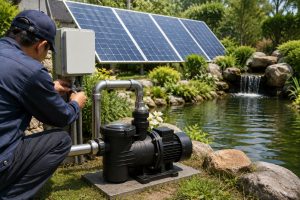 A realistic outdoor installation scene shows a HYBSUN solar pump system beside a landscaped garden pond, where a black solar powered pond pump is mounted on a concrete platform and connected with clean metal inlet and outlet pipes. A Chinese technician in workwear is adjusting the professional pipe fittings near a plain solar controller, while solar panels behind the pond provide power for the system. Clear water circulates through the pond with a small waterfall return, surrounded by natural stones, green plants, and sunlight, showing a practical solar water pump setup for garden ponds and small water features.