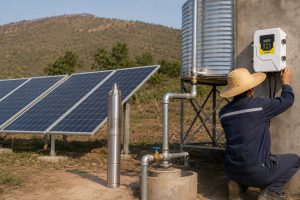 A realistic outdoor HYBSUN solar pump installation scene showing a stainless steel deep well solar water pump displayed beside a concrete borehole while the working system is connected through clean metal pipes from the wellhead to a raised water storage tank. Several solar panels are installed nearby to power the off grid water supply, and a HYBSUN solar pump controller is mounted on the wall as a Chinese technician adjusts the system without showing his face. The setup includes professional pipe elbows, valves, fittings, and a neat discharge line designed for farm irrigation, livestock water supply, domestic water use, or a pond pump system. This practical solar water pump scene highlights how a HYBSUN solar pump and solar powered pond pump style solution can reduce fuel costs and provide reliable water in rural areas with unstable electricity.