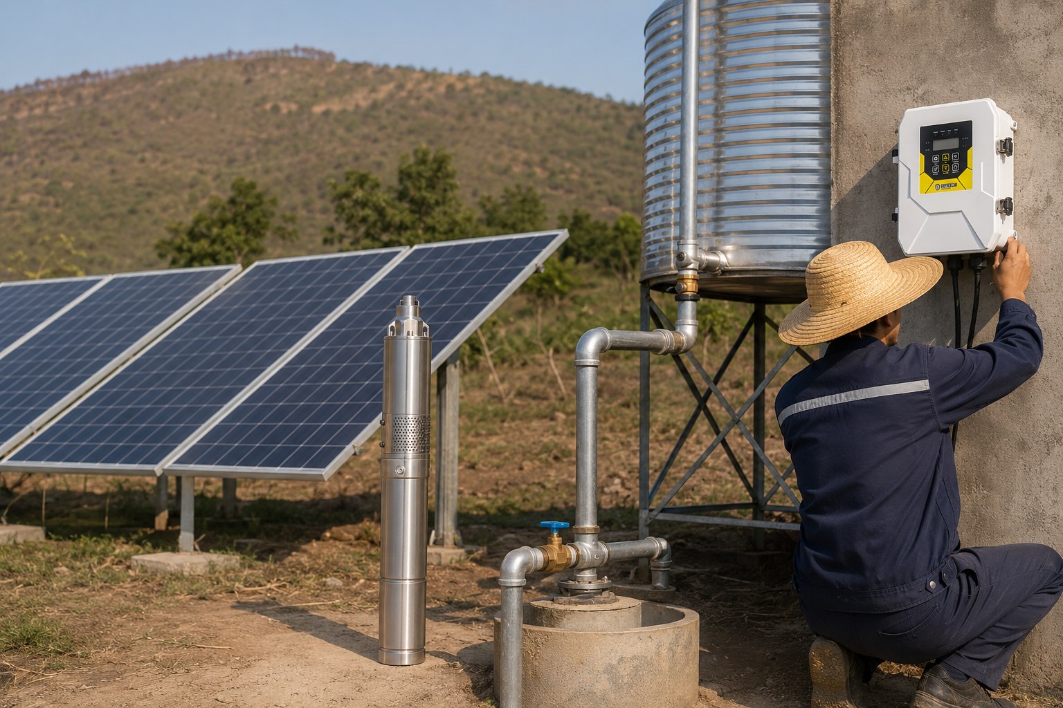 Illustration of a solar water pump system in a field