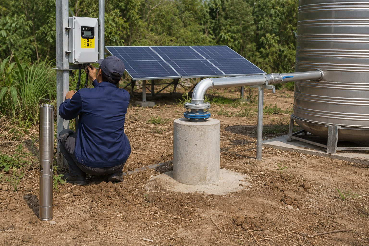 A diagram comparing AC and DC current waveforms for solar pumps