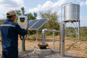 A realistic outdoor HYBSUN solar pump installation scene showing a stainless steel solar water pump displayed beside a borehole wellhead, with clean galvanized metal pipes connected from the well outlet toward an elevated water tank. A Chinese technician in work clothes is adjusting the HYBSUN solar pump controller mounted on a metal post, while solar panels behind the system provide power for off grid water supply. The closed metal pipeline, professional elbows, couplings and support brackets show a practical water transfer setup for irrigation, rural storage tanks and pond pump system applications. No open water flow is visible because the system is operating through sealed piping, creating a clean and reliable solar powered pond pump and agricultural water pumping solution.