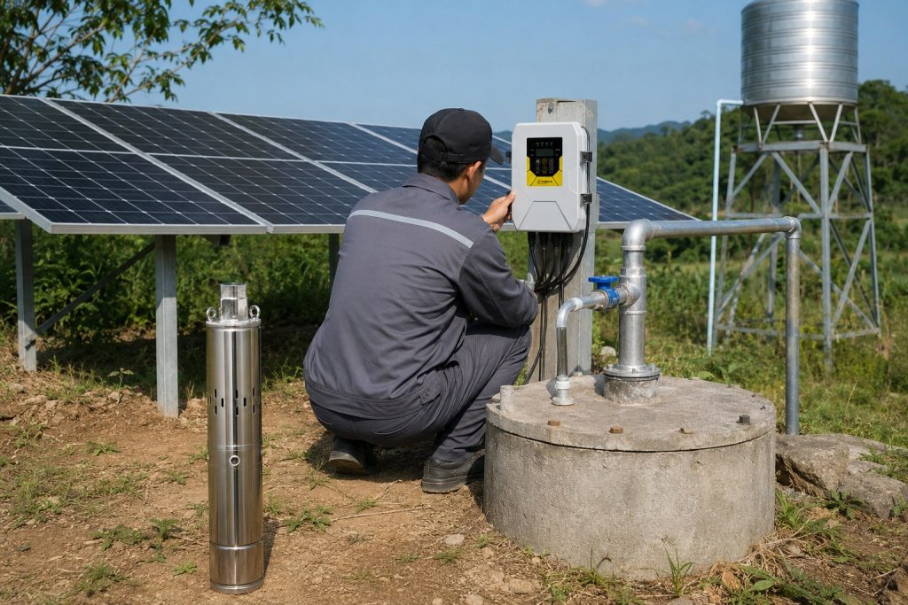 A realistic outdoor HYBSUN solar pump installation scene showing a stainless steel solar well pump displayed upright beside a concrete borehole wellhead, while the actual working pump is positioned underground as part of a professional off grid solar water pump system. A Chinese technician is adjusting the HYBSUN controller mounted near the well, with clean metal outlet pipes, elbows, valves, and fittings connected from the wellhead toward an elevated water tank. Large solar panels behind the installation power the system, creating a practical setup for remote water supply, irrigation, livestock watering, and long term energy savings. The scene highlights how a HYBSUN solar pump can support reliable water independence in rural areas, with visual relevance to solar powered pond pump applications, pond pump system design, and complete solar water pump installations.
