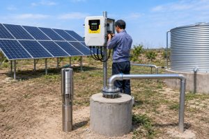 A realistic outdoor HYBSUN solar pump installation scene showing a stainless steel solar water pump displayed beside a concrete wellhead, with clean metal outlet pipes connected from the borehole toward a large water storage tank. A Chinese technician is adjusting the HYBSUN solar pump controller mounted on a pole, while solar panels supply power to the system in the background. The professional setup demonstrates how a solar water pump can run efficiently through a controller, with proper pipe routing, secure fittings, and a practical field environment suitable for irrigation, livestock watering, or a pond pump system. This solar powered pond pump style installation highlights the reliability of a HYBSUN solar pump for reducing energy costs in real water pumping applications.