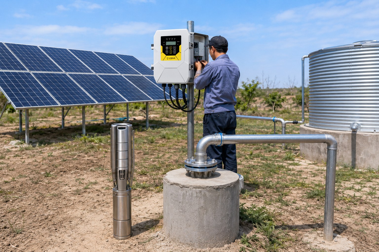 A solar panel array in a field next to a water well