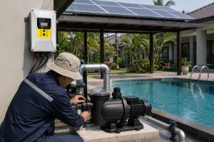 A realistic outdoor installation scene showing one HYBSUN solar pump connected beside a clean swimming pool, powered by solar panels mounted on a nearby roof structure. The black pool pump is installed on a concrete equipment base with new metal piping, professional fittings, and a clear strainer lid, while a technician checks the pipe connection during setup. A wall mounted solar controller is wired to the system, creating a practical solar water pump installation for pool circulation. The scene also reflects how a solar powered pond pump or pond pump system can reduce electricity costs while supporting clean and reliable water circulation in residential outdoor environments.