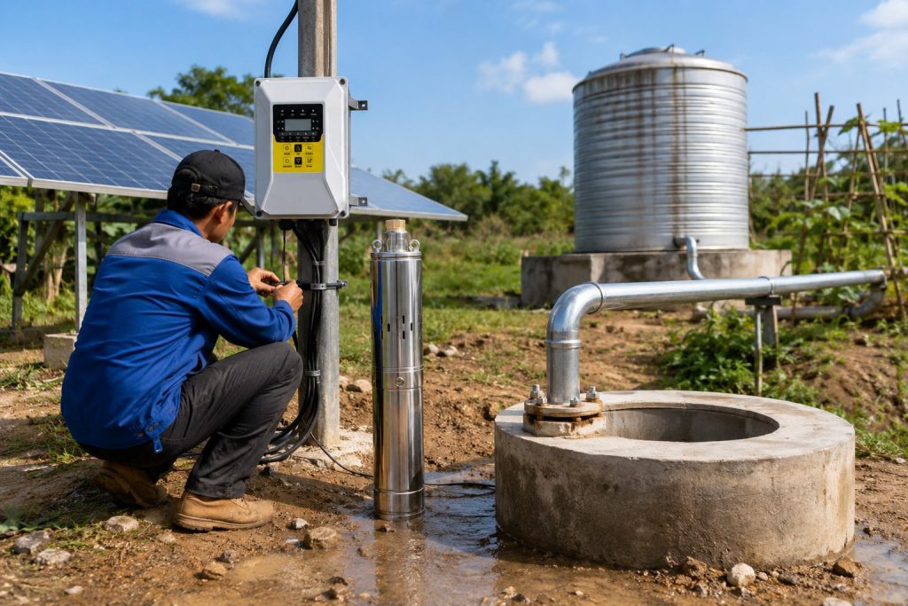 A realistic outdoor HYBSUN solar pump installation for a rural well water supply system, showing a stainless steel solar well pump displayed beside a concrete wellhead while the working water pipe rises from the well and connects through clean metal piping toward a large storage tank. A Chinese technician is crouching near the mounted solar pump controller, checking cables and system wiring beside a row of solar panels in the background. The scene shows a professional solar water pump setup for homes farms and ranches, with new metal pipe connections, a practical water tank, and an off grid well pumping layout. This HYBSUN solar pump system is designed for reliable well water access and is different from a small solar powered pond pump or pond pump system, offering a realistic solution for deep well water supply using solar energy.