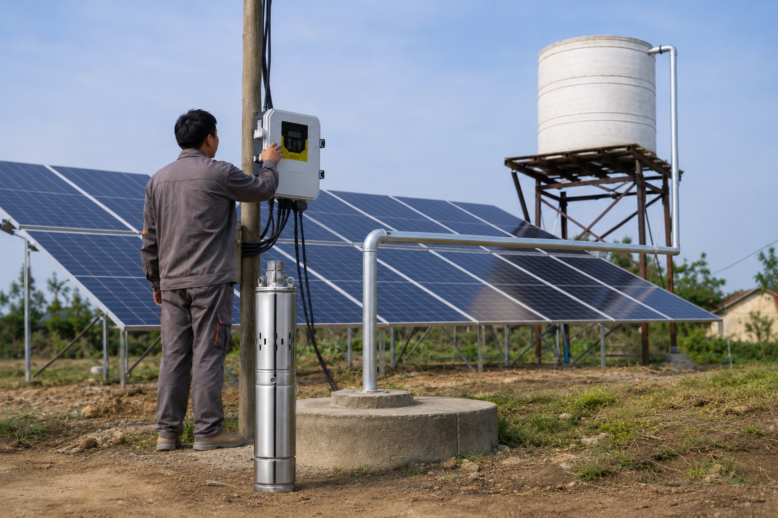 A solar water pump system installed in a sunny field, powering irrigation for crops.