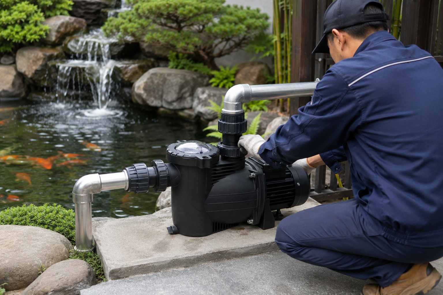 A small, clear backyard pond with a small fountain feature