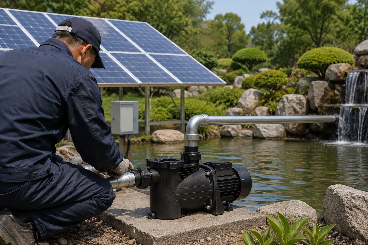 A solar pond pump creating a fountain in a garden pond