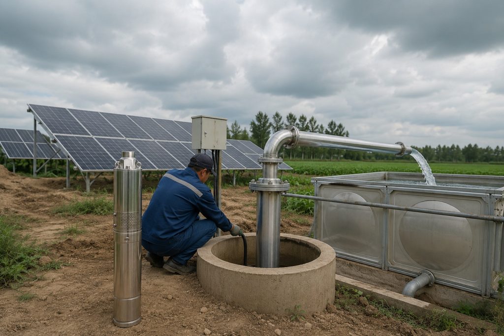 A realistic outdoor farm installation shows a HYBSUN solar pump system working under cloudy skies, with a stainless steel submersible borehole pump displayed beside a concrete wellhead for product reference. A Chinese technician in blue workwear is inspecting the installation while clean metal piping rises from the well, connects through a professional flanged outlet, and delivers steady water flow into a storage tank. Solar panels are installed nearby in the field, showing how a solar water pump can continue operating in overcast weather at reduced speed. The scene also highlights practical water storage for irrigation and related applications such as a solar powered pond pump or pond pump system, with a natural agricultural background and professional pipe connections.