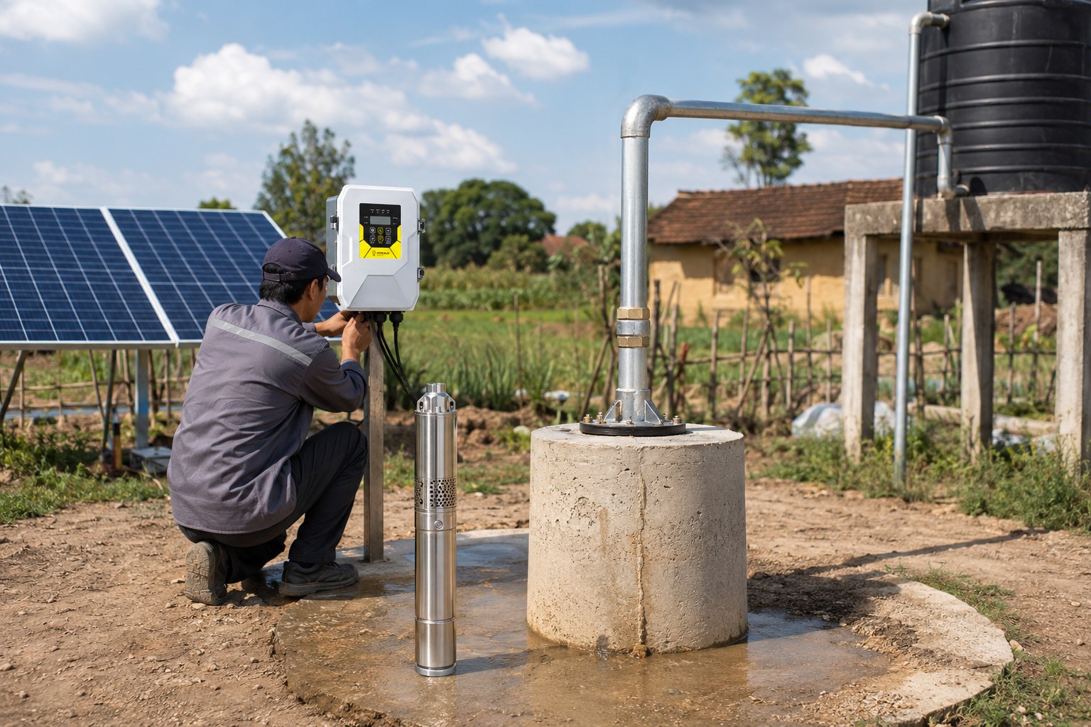 A solar-powered water pump operating in a sunny field.
