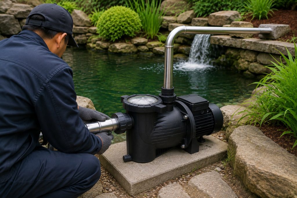 A realistic outdoor pond pump system installation beside a landscaped garden pond with clear circulating water stone edging green plants and a small waterfall return. A Chinese technician wearing a cap and work gloves is checking the pipe connection on a single black pond pump installed on a concrete equipment pad. The pump has a clear strainer lid a front inlet a top outlet and a rear motor housing connected with clean metal piping for a professional and practical water circulation setup. The suction pipe leads from the pond area into the pump while the discharge pipe returns water toward the waterfall to keep the pond moving and oxygenated. No solar panels are visible in the scene but the setup represents a HYBSUN solar pump application suitable for a solar powered pond pump solar water pump or energy saving pond pump system designed for continuous pond filtration and healthy aquatic life.