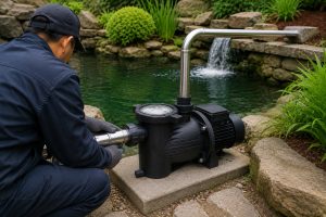 A realistic outdoor pond pump system installation beside a landscaped garden pond with clear circulating water stone edging green plants and a small waterfall return. A Chinese technician wearing a cap and work gloves is checking the pipe connection on a single black pond pump installed on a concrete equipment pad. The pump has a clear strainer lid a front inlet a top outlet and a rear motor housing connected with clean metal piping for a professional and practical water circulation setup. The suction pipe leads from the pond area into the pump while the discharge pipe returns water toward the waterfall to keep the pond moving and oxygenated. No solar panels are visible in the scene but the setup represents a HYBSUN solar pump application suitable for a solar powered pond pump solar water pump or energy saving pond pump system designed for continuous pond filtration and healthy aquatic life.