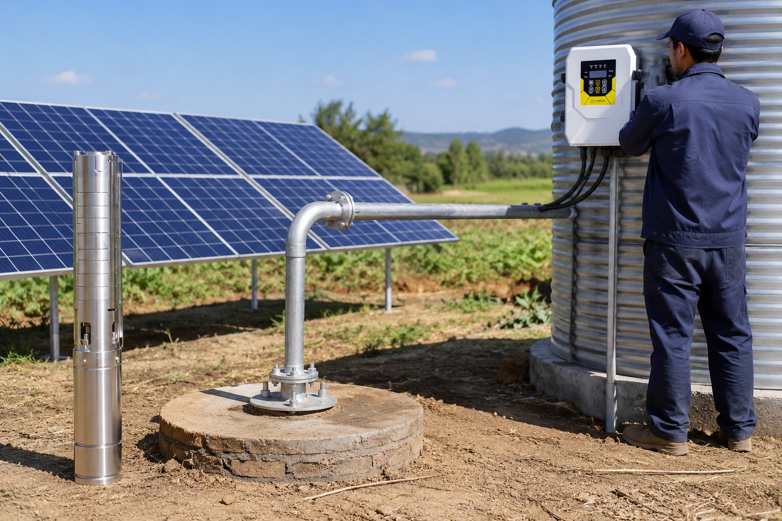 A solar panel array in a field next to a water trough for livestock