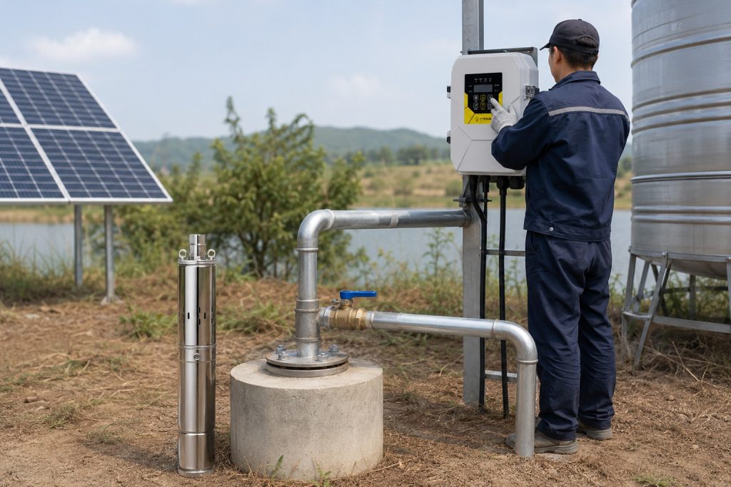 A realistic HYBSUN solar pump installation beside a rural pond, showing a stainless steel solar deep well pump displayed next to a concrete borehole while the actual water supply system runs underground. A Chinese technician adjusts the HYBSUN solar pump controller mounted on a metal frame, with clean metal outlet pipes, elbows, valves, and fittings connected from the wellhead toward a large water tank. Solar panels in the background power the solar water pump system, creating a reliable alternative to an inconsistent solar powered pond pump or surface pond pump system for irrigation and all season water access.
