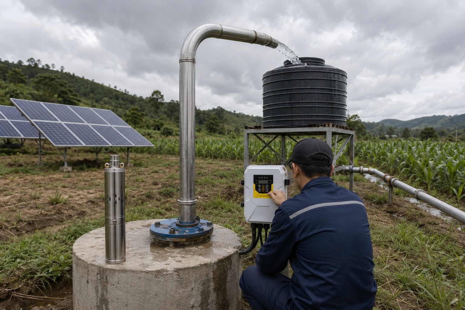 A solar water pump operating in a field under a cloudy sky