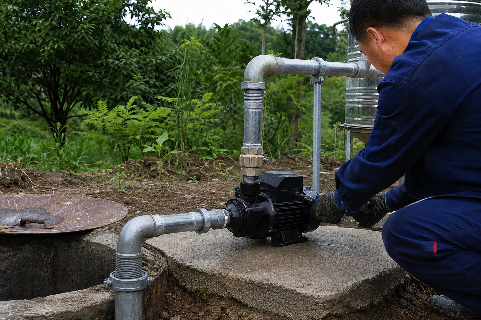 A jet pump installed above ground near a well head.