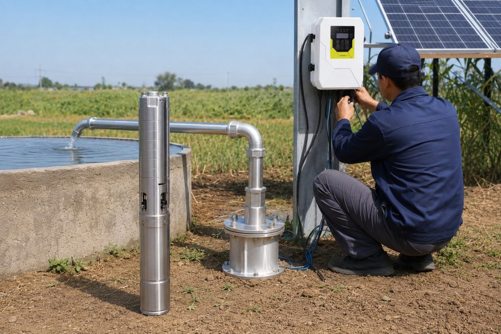 A realistic outdoor HYBSUN solar pump installation scene showing a stainless steel solar water pump displayed beside a borehole wellhead, with clean metal piping carrying water into a concrete pond or storage tank. A Chinese technician adjusts the HYBSUN solar pump controller near solar panels, while the pond pump system operates in a rural farm environment with visible water flow, professional pipe connections, and a natural agricultural background. This image represents a solar powered pond pump and solar water pump setup designed for efficient daily water supply and irrigation use.