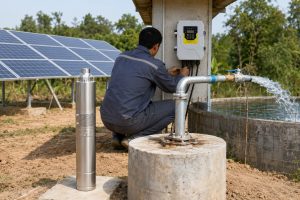 A realistic outdoor HYBSUN solar pump installation scene showing a Chinese technician connecting and checking the solar pump controller beside a borehole wellhead. A stainless steel submersible pump is displayed upright next to the well as a product reference, while the actual solar water pump system operates through a clean metal pipe rising from the concrete well casing and delivering strong water flow into a nearby storage pond or tank. Solar panels are mounted in the background and connected to the controller, showing how a HYBSUN solar pump uses proper power management instead of a simple direct wire connection. The setup includes new galvanized piping, elbows, valves, fittings, electrical cables, and a professional controller box, creating a practical solar powered pond pump and pond pump system style installation for farm water supply and irrigation.