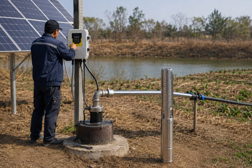A realistic outdoor HYBSUN solar pump installation scene beside a dry agricultural field and a nearby pond, showing a stainless steel submersible solar water pump displayed upright next to a professional wellhead setup. Clean metal piping runs from the borehole outlet toward an irrigation line, demonstrating how a 2 hp pump can move water horizontally across a garden or lawn area. A Chinese technician checks the HYBSUN solar pump controller mounted near the solar panels, while the calm water source, dry soil, and new pipe connections create a practical solar powered pond pump and pond pump system scene for long distance irrigation and rural water transfer.