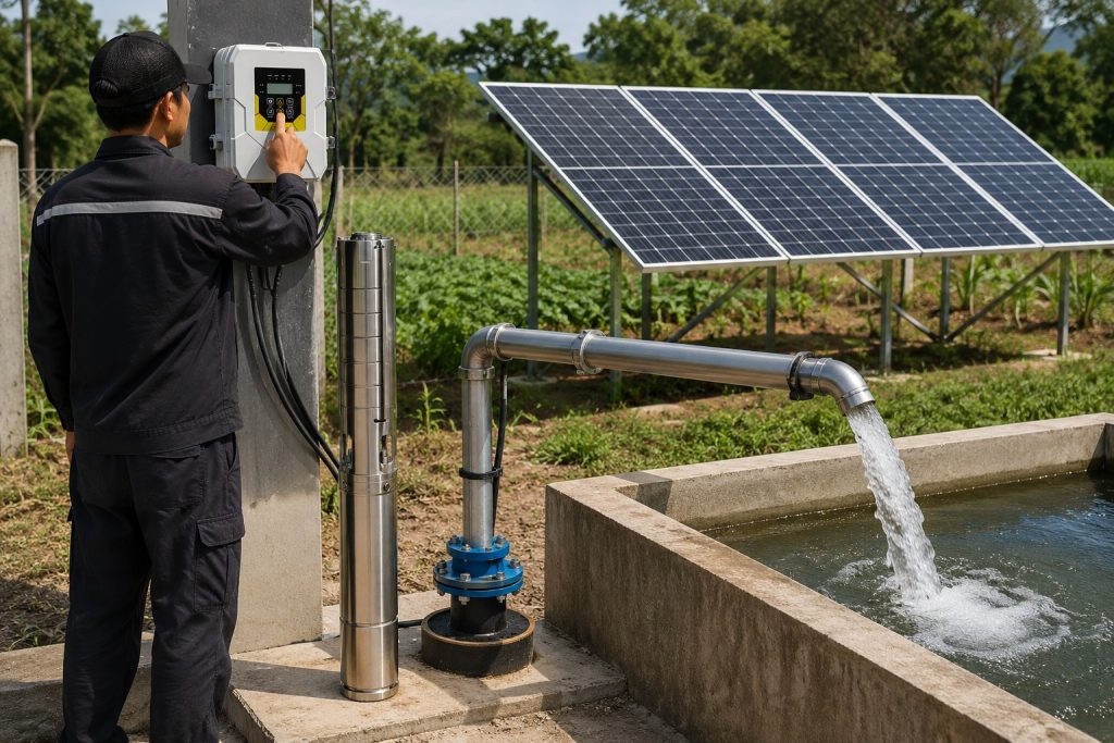 A realistic outdoor HYBSUN solar pump installation scene showing a stainless steel deep well submersible pump displayed beside a borehole wellhead while the working pump system is connected underground. A Chinese technician checks the HYBSUN controller mounted on a post, with clean metal discharge pipes carrying water from the well into a concrete storage tank. Several solar panels are installed on a metal frame in the background, demonstrating how a 1 HP solar water pump can be powered by a solar energy system for farm irrigation, water storage, and pond pump system planning. The scene highlights a professional solar powered pond pump and borehole pump setup with natural water flow, proper pipe connections, and a practical renewable water supply environment.