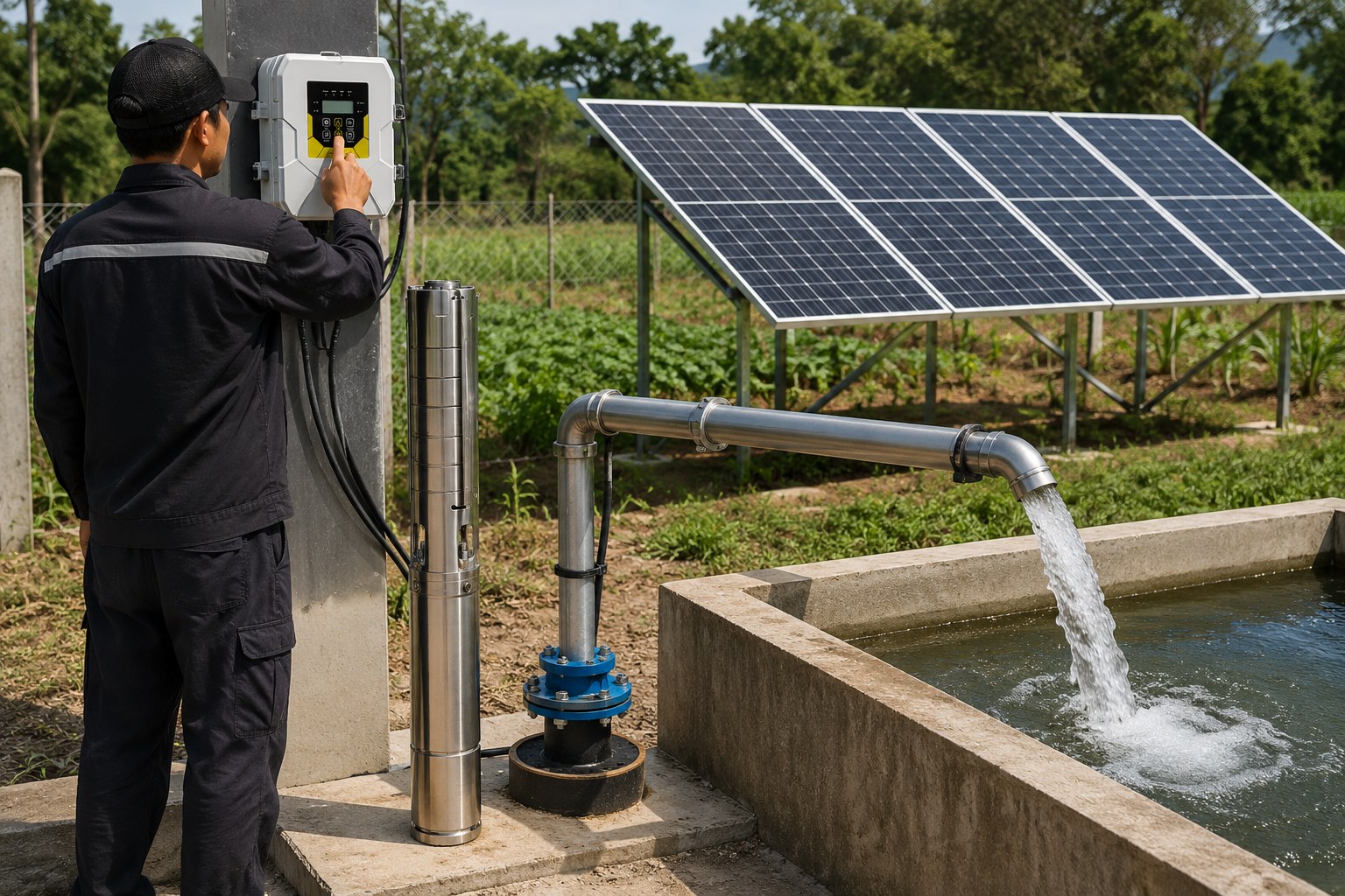 A 1 HP solar water pump system with panels in a field