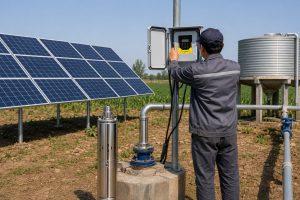 A realistic outdoor HYBSUN solar pump installation scene showing a stainless steel solar deep well pump displayed beside a concrete borehole wellhead while the actual water outlet pipe rises from the well and connects through clean metal elbows and fittings toward an elevated water tank and irrigation pipeline. A professional technician is adjusting the HYBSUN solar pump controller mounted on a metal post, with a large solar panel array in the background sized for a 3 HP motor pump system. The scene shows a practical agricultural solar water pump setup with new metal piping, valves, cable connections, a storage tank, and farmland surroundings. No visible water discharge is shown, suggesting the system is being installed or tested before operation. This image is suitable for explaining how many solar panels are required for a 3 hp motor pump while also representing HYBSUN solar pump technology, solar water pump applications, and the difference between a borehole pump system and a smaller solar powered pond pump or pond pump system.