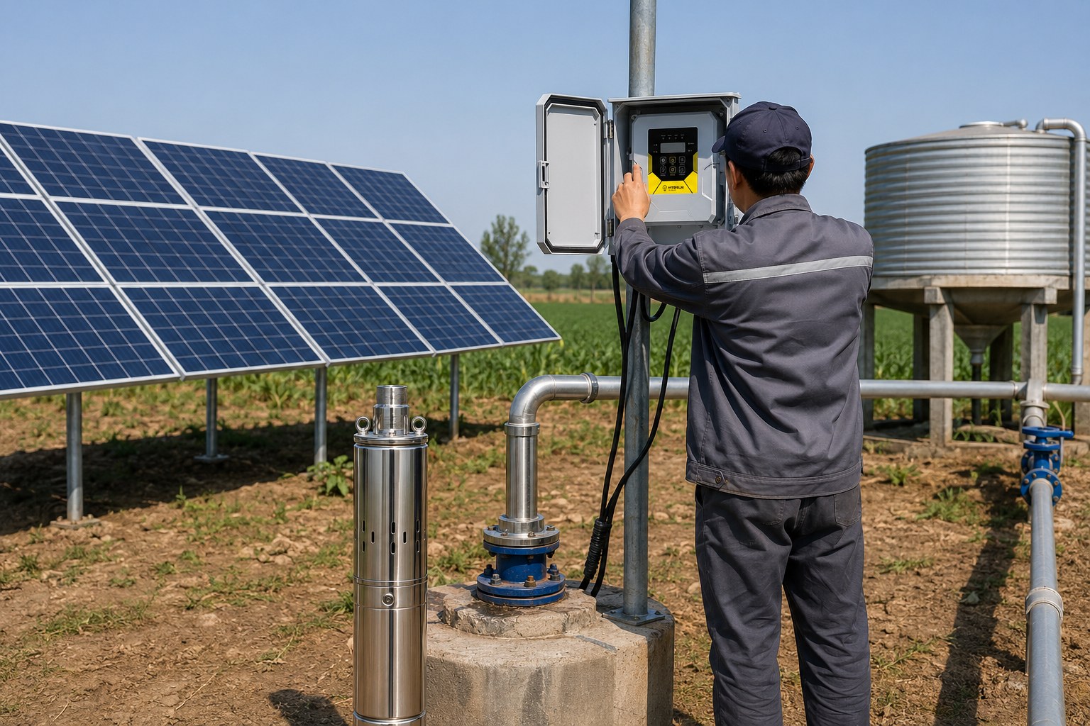 A solar panel array in a field powering a water pump