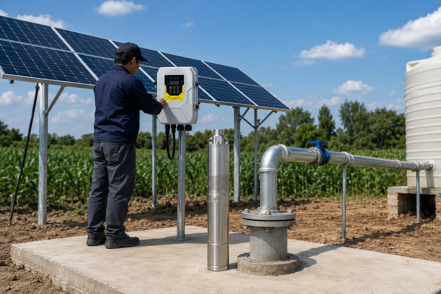 A series of solar panels in a field next to a water pump