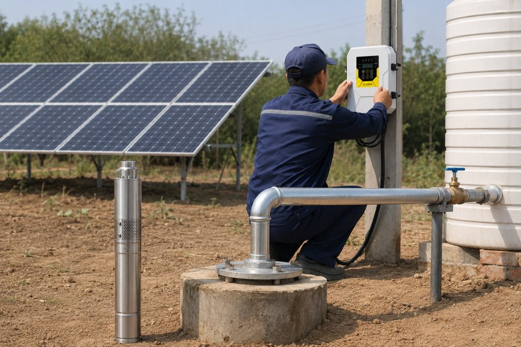 A realistic outdoor HYBSUN solar pump installation scene showing a stainless steel submersible well pump displayed beside a concrete wellhead while the actual water system is connected through clean metal piping. A Chinese technician in work clothes adjusts the HYBSUN solar pump controller mounted on a post, with several solar panels installed nearby to power the well pump. The pipe rises from the borehole and connects to a large water storage tank through professional fittings and valves, creating a practical solar water pump system for off grid farms, rural homes, and irrigation use. The image clearly shows how a solar powered well pump setup works compared with a smaller solar powered pond pump or pond pump system, with sunlight, dry farmland, clean pipe connections, and a complete water independence solution.