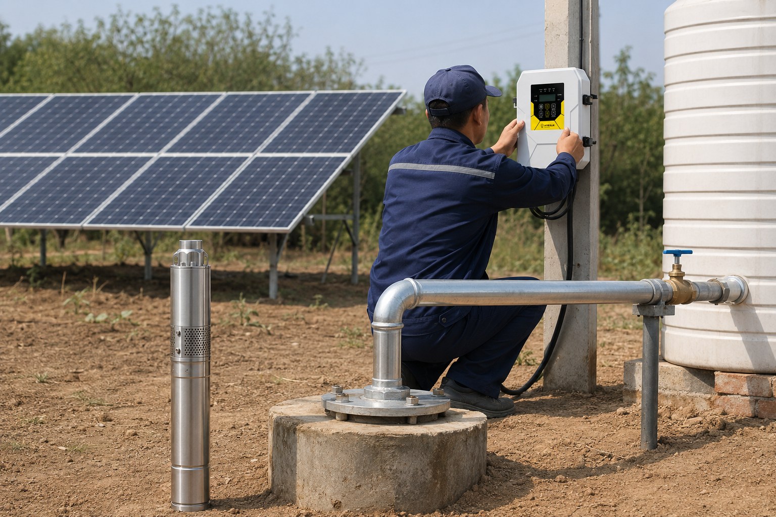 A solar-powered well pump in a green field with solar panels nearby
