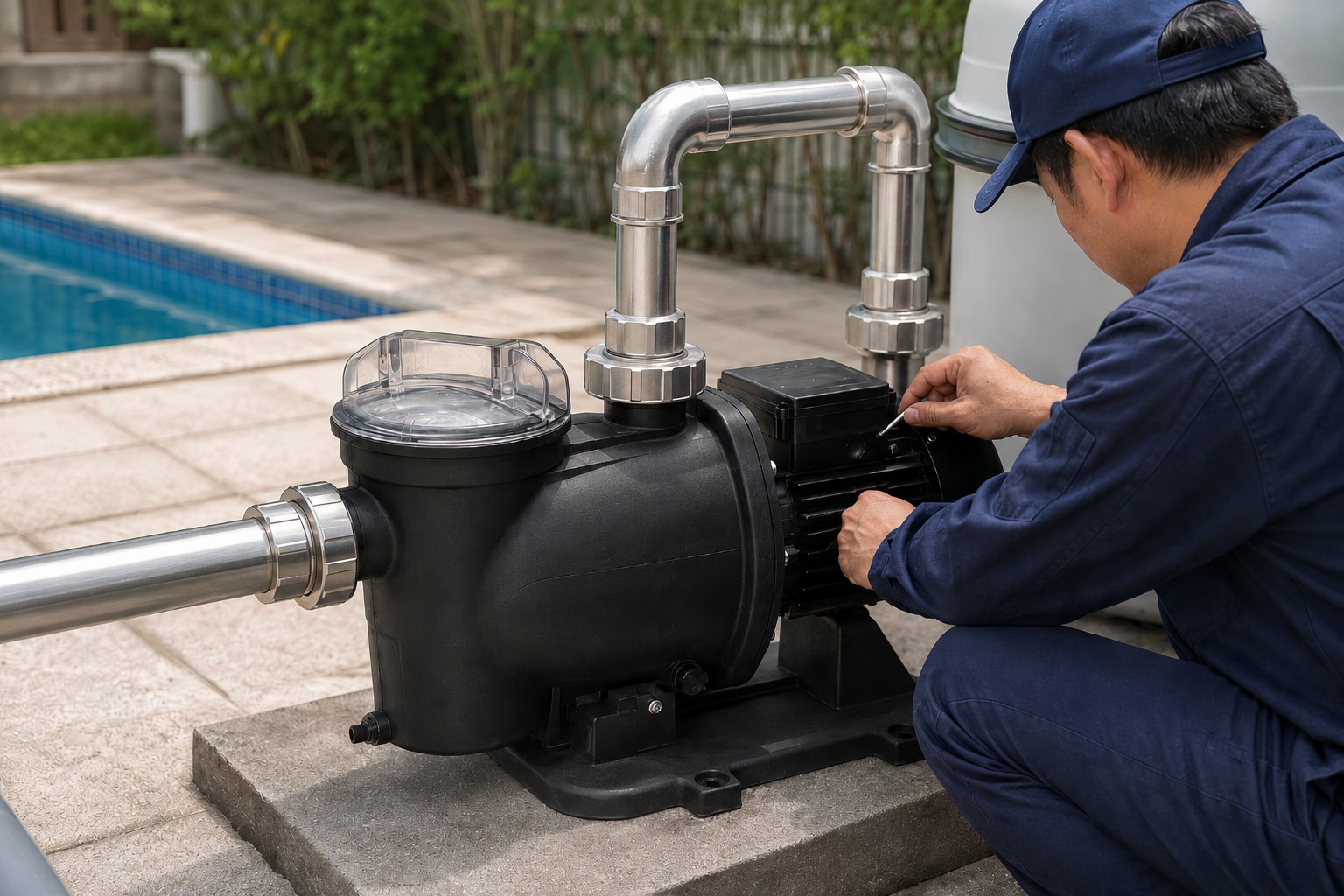 A well-maintained pool pump system running efficiently next to a clear blue swimming pool.