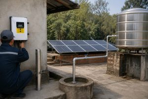 A realistic outdoor household water pump replacement scene showing a HYBSUN solar pump system being inspected by a Chinese technician beside a wall mounted solar controller. A stainless steel submersible well pump is displayed upright near the wellhead while clean metal discharge piping rises from the borehole and connects professionally to a large stainless steel water storage tank. Solar panels are installed in the background to power the solar water pump, creating a practical off grid water supply setup. The scene highlights a real residential well pump service situation where a broken water pump can affect daily drinking, cleaning, and bathing needs, while also showing how a HYBSUN solar pump differs from smaller options such as a solar powered pond pump or pond pump system.
