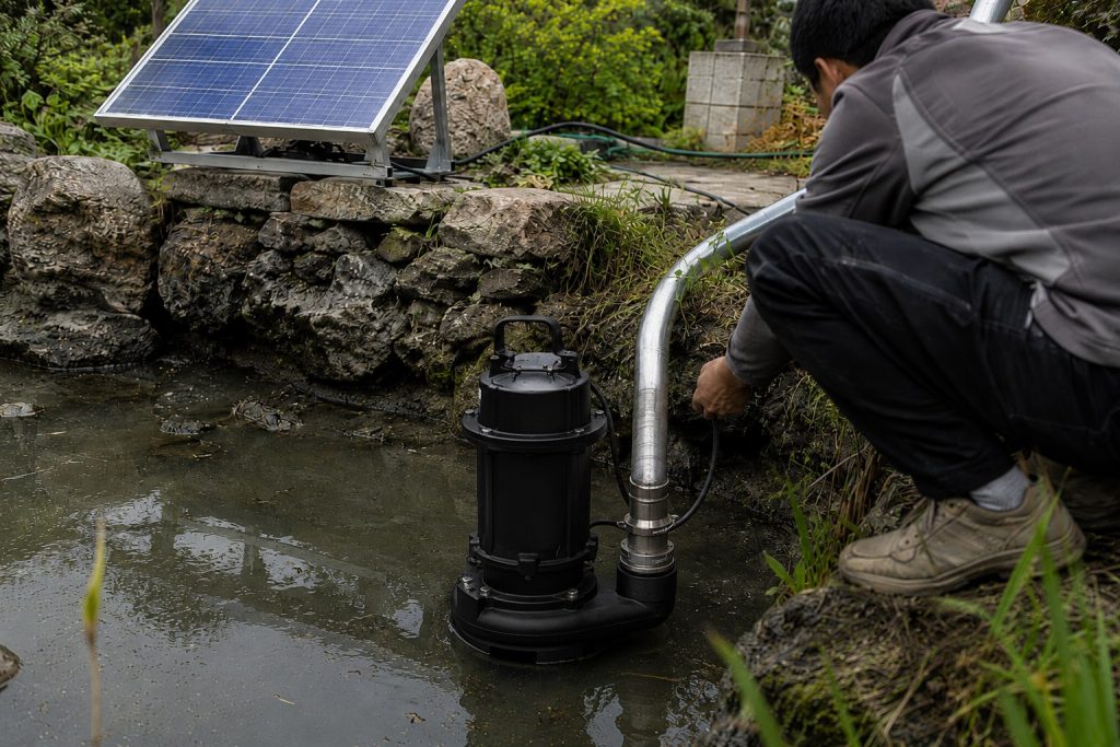 A HYBSUN solar pump installed in a dirty garden pond for draining and cleaning, with a black submersible pond pump system partly submerged in muddy water and connected to a clean metal discharge pipe. A Chinese technician is checking the pipe connection beside the pond while a nearby solar panel powers the solar water pump. The realistic outdoor scene shows rocks, plants, murky pond water, and a professional solar powered pond pump setup designed to pump out a small pond safely and efficiently.
