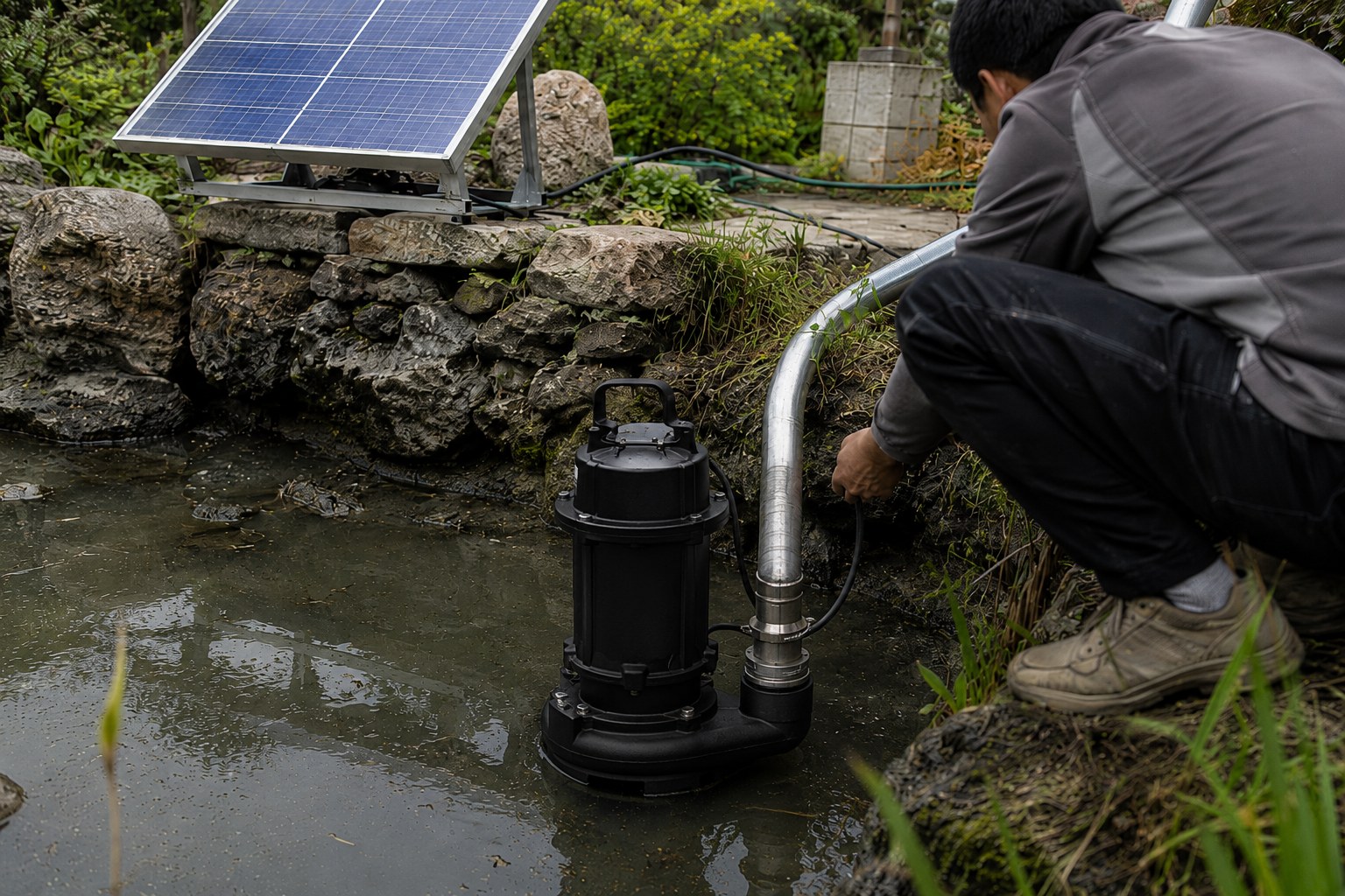 A submersible pump actively draining water from a small garden pond.