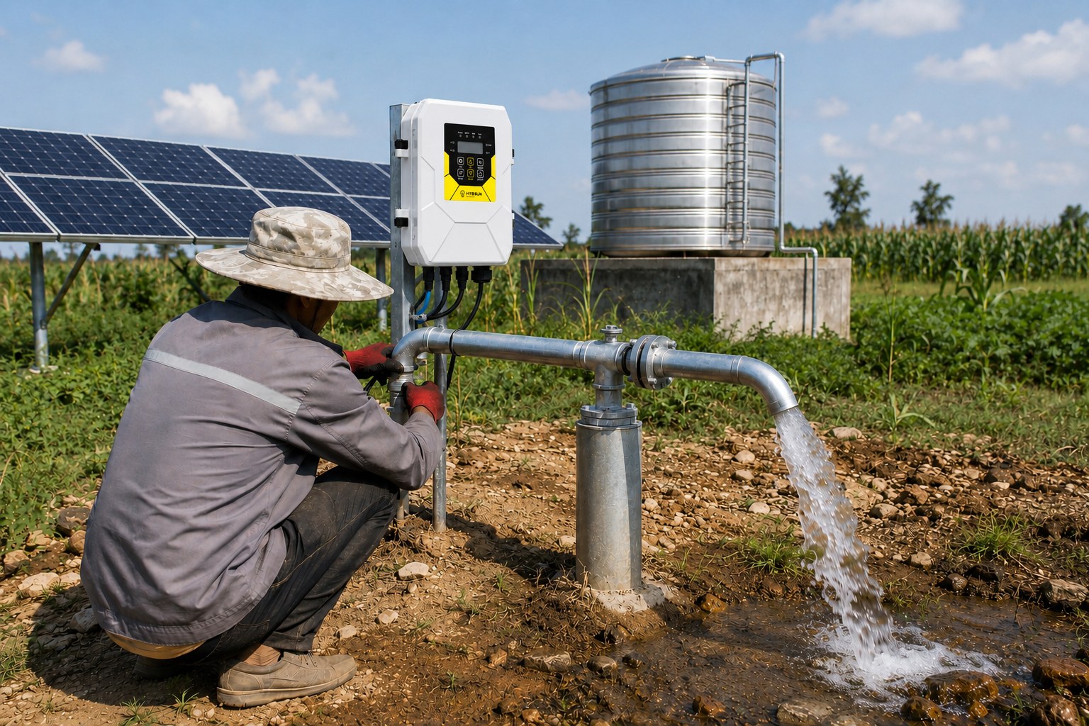 A solar panel array in a field next to a water source