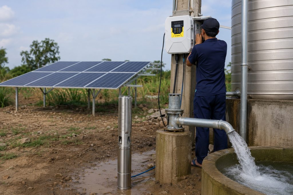 A realistic outdoor HYBSUN solar pump installation showing a stainless steel submersible pump displayed beside a borehole wellhead, with clean metal piping carrying water into a storage basin near a large water tank. A Chinese technician adjusts the HYBSUN solar pump controller mounted beside the system, while solar panels in the background provide power for the solar water pump. The scene highlights a professional off grid water supply setup for agriculture, irrigation, and rural water access, with steady water flow, proper pipe connections, and a practical layout that can also help users compare solutions such as a solar powered pond pump or pond pump system.