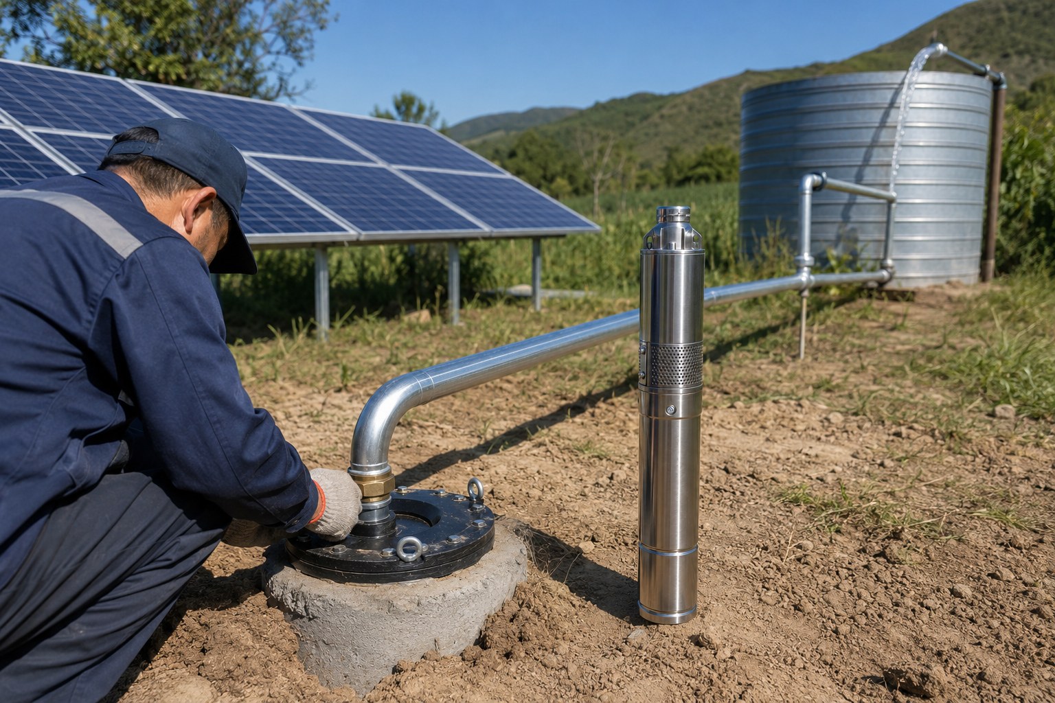 A diagram showing how to choose a solar pump, with icons for head, flow, and pump types