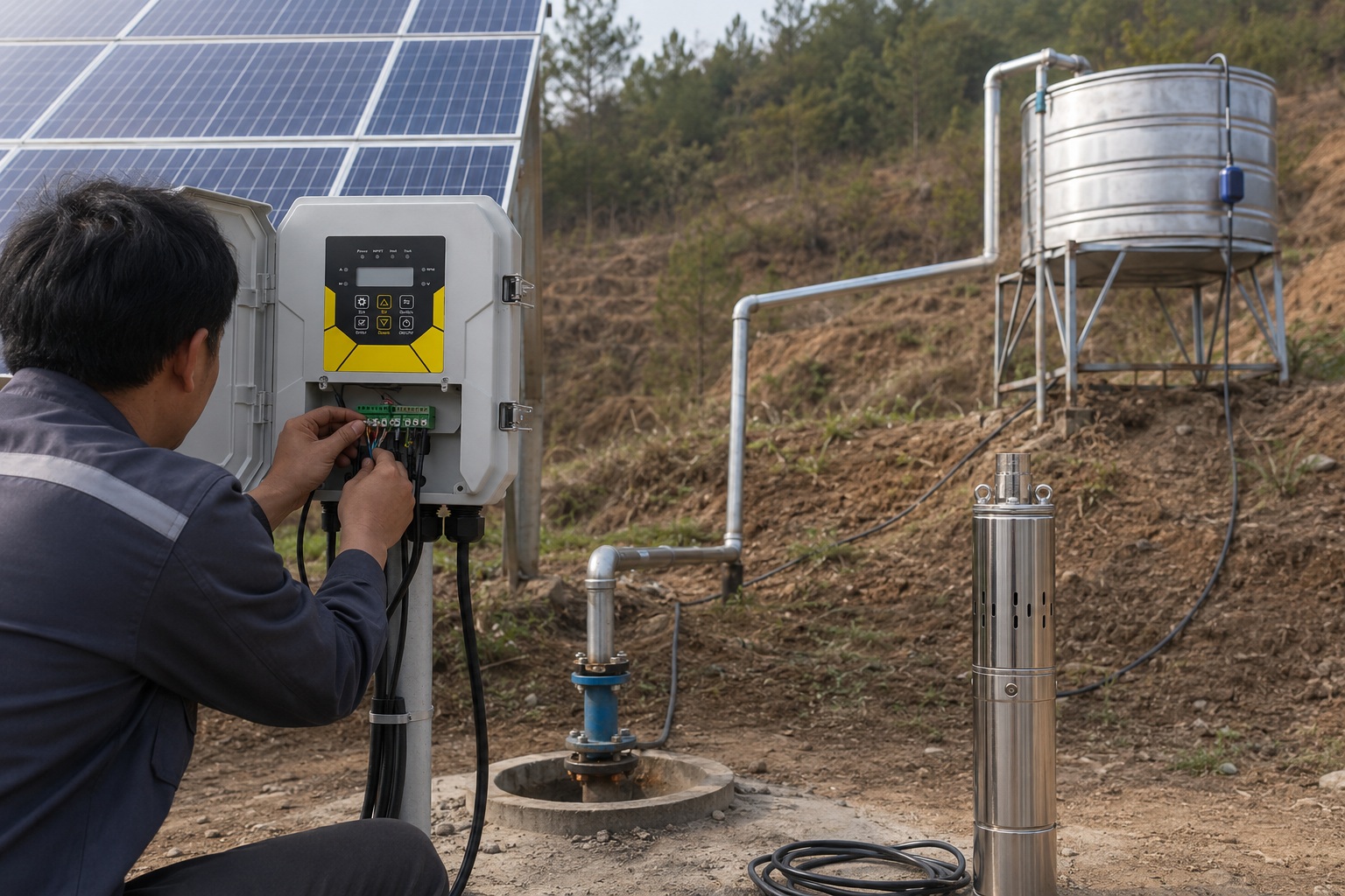 A diagram showing a float switch connected to a solar pump controller