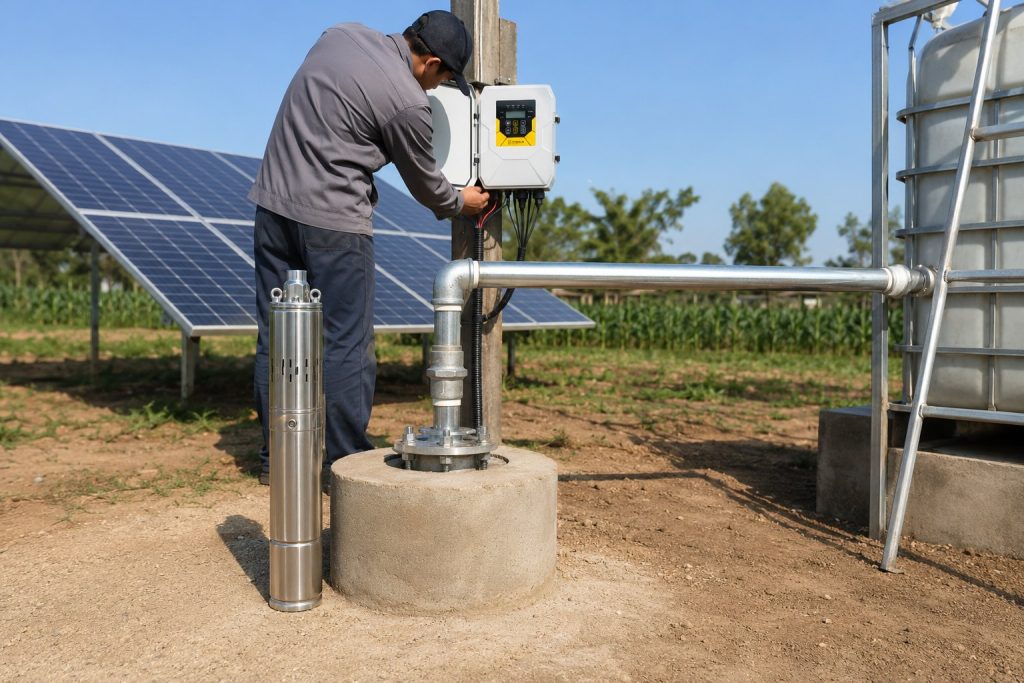 A HYBSUN solar pump installation scene showing a stainless steel solar water pump displayed beside a concrete borehole wellhead while a Chinese technician checks the electronic controller for dry run protection. Clean metal pipes rise from the well and connect to a water tank, with solar panels powering the system in a rural outdoor setting. This professional solar water pump setup shows how a reliable controller can help protect deep well pumps, a solar powered pond pump, or a pond pump system from running dry and causing motor damage.