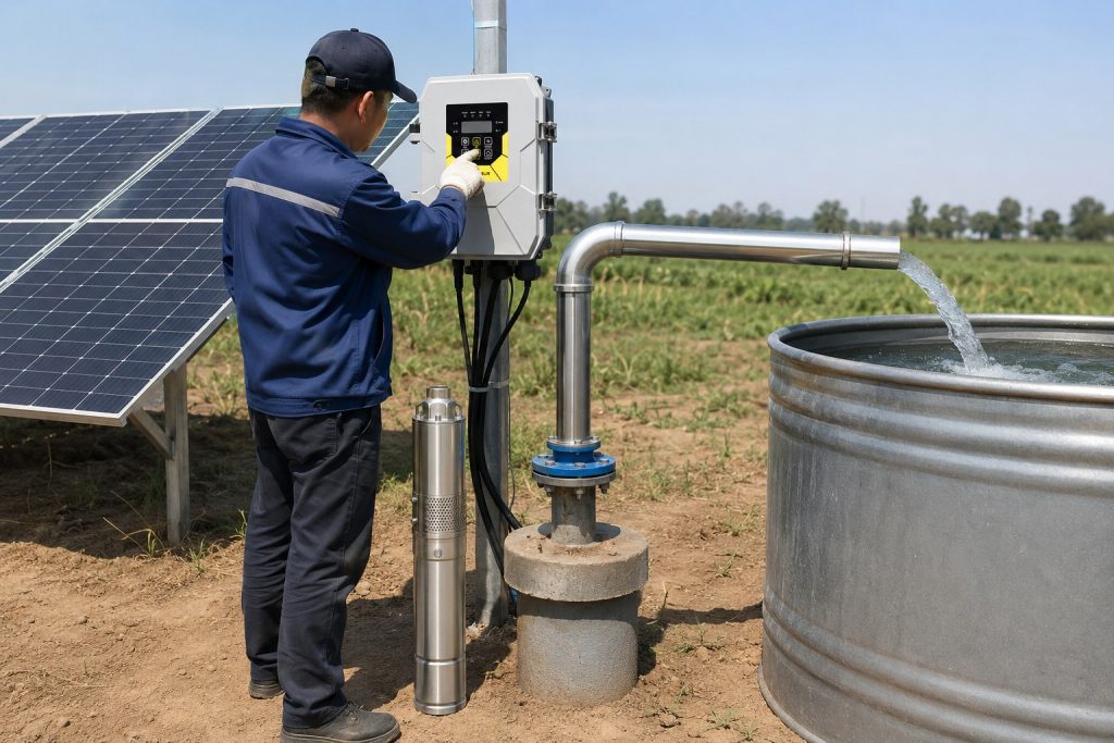A realistic outdoor HYBSUN solar pump installation scene showing a Chinese technician testing a solar water pump system beside a deep well in a rural field. The setup includes a stainless steel submersible pump displayed upright near the wellhead, clean metal outlet piping connected from the borehole to a large water tank, and water flowing steadily into the tank. Solar panels power the system, while the technician checks the controller mounted beside the well. This professional installation scene clearly shows how a HYBSUN solar pump, solar powered pond pump, pond pump system, or irrigation water pump can be inspected for proper operation in real working conditions.