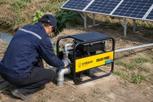 A HYBSUN solar pump installed in a realistic off grid rural water pumping scene, with one Chinese technician kneeling beside the portable black framed pump and adjusting clean metal pipe connections. The pump features a yellow HYBSUN solar pump panel and is connected to a professional inlet and outlet piping system for transferring water from a nearby source to an irrigation line. Solar panels mounted behind the equipment power the system, creating a practical solar water pump setup for farms, remote homes, and outdoor water supply. The scene shows a reliable solar powered pond pump and pond pump system style installation designed for portable use, clean energy savings, and dependable water access in areas without stable electricity.