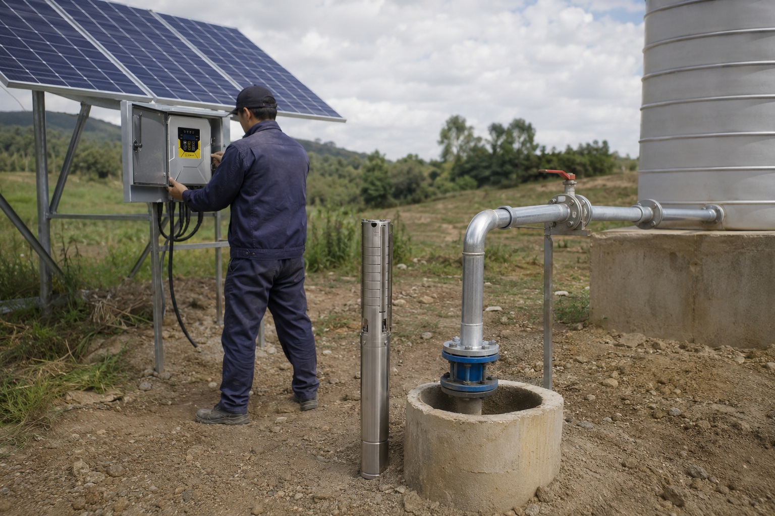 A solar water pump system in a field with some clouds in the sky