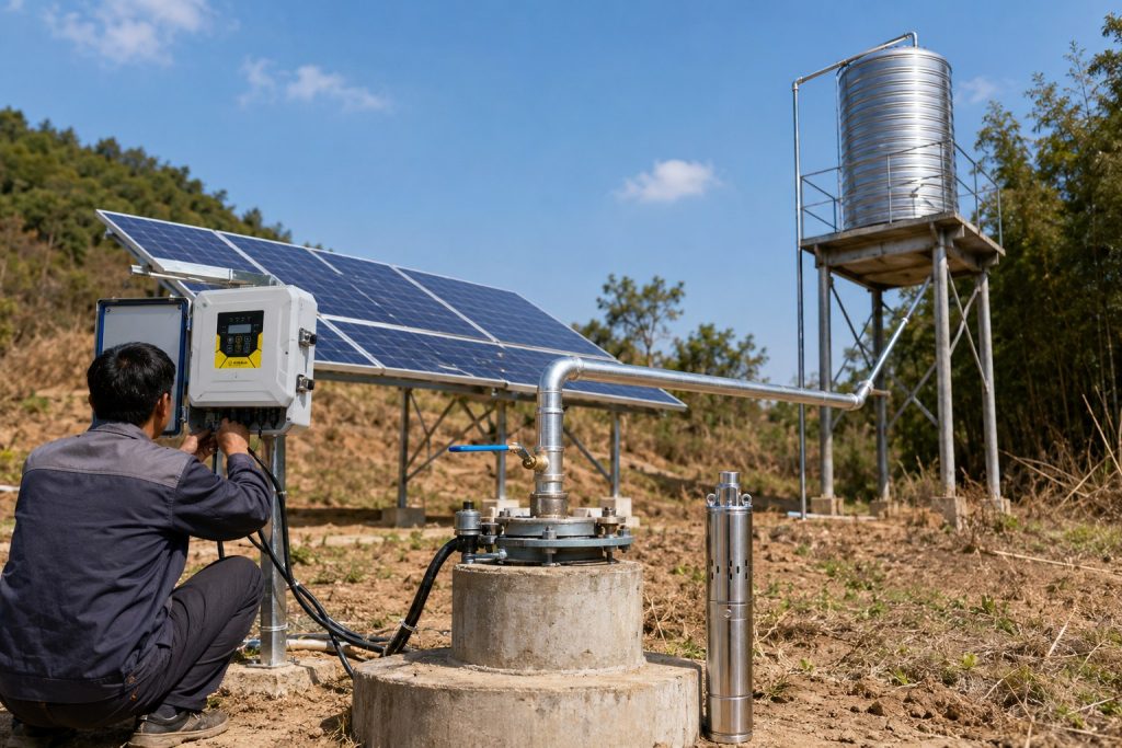 A HYBSUN solar pump system installed in a rural off grid water supply site, showing a Chinese technician checking the solar pump controller beside a concrete borehole wellhead. Clean metal discharge pipes rise from the well casing and connect toward an elevated stainless steel water tank, while blue solar panels provide power in the background. A single stainless steel deep well pump body is displayed upright beside the installation for product reference, matching the real solar water pump design without showing it operating above ground. The scene shows a practical maintenance check with organized cables, secure pipe fittings, a valve handle, and no visible water discharge, suggesting routine inspection before operation. This low maintenance HYBSUN solar pump setup demonstrates reliable solar water pump technology for irrigation, livestock water, remote homes, and applications related to a solar powered pond pump or pond pump system.
