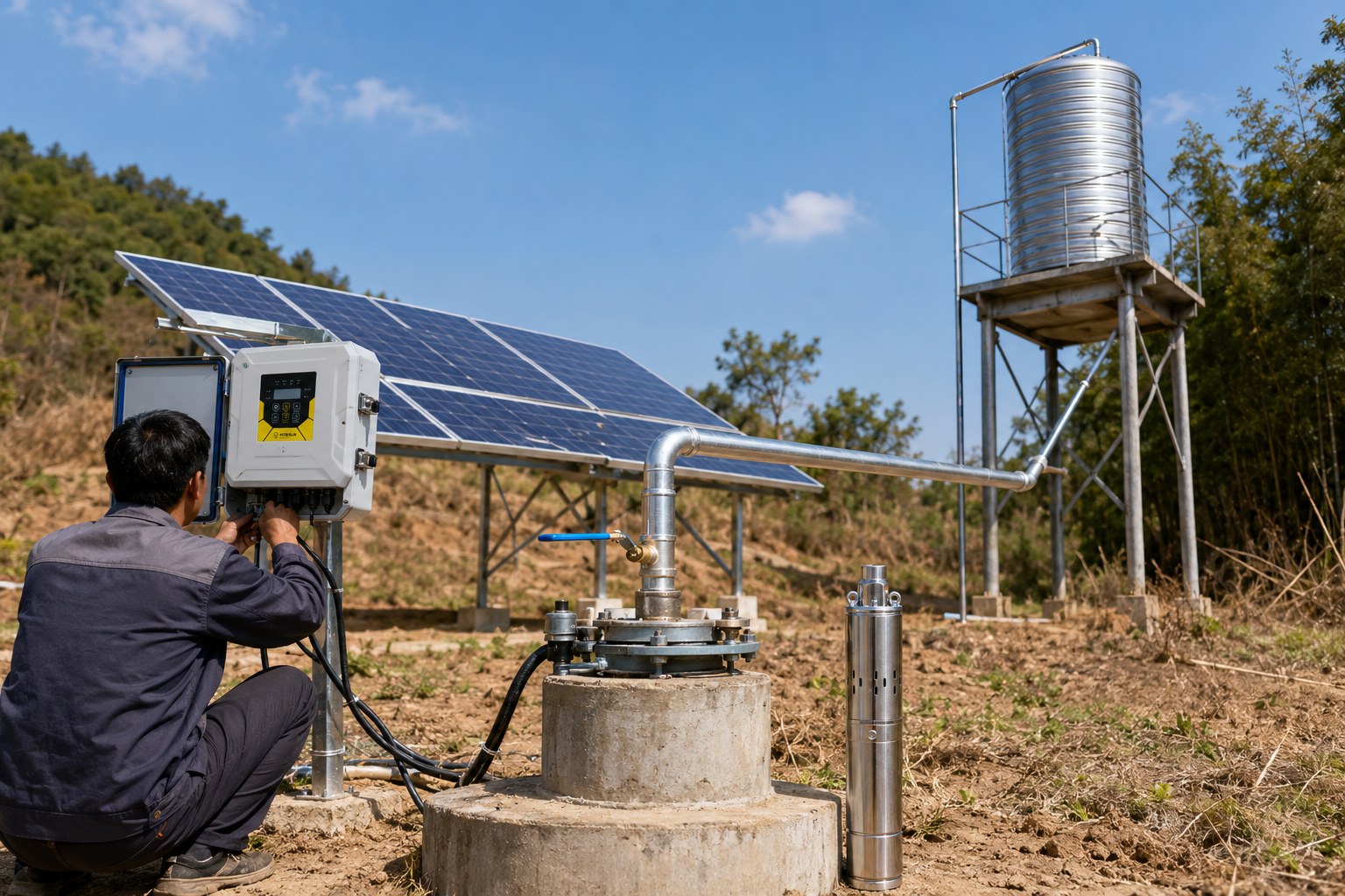 A solar pump system installed in a sunny, rural field