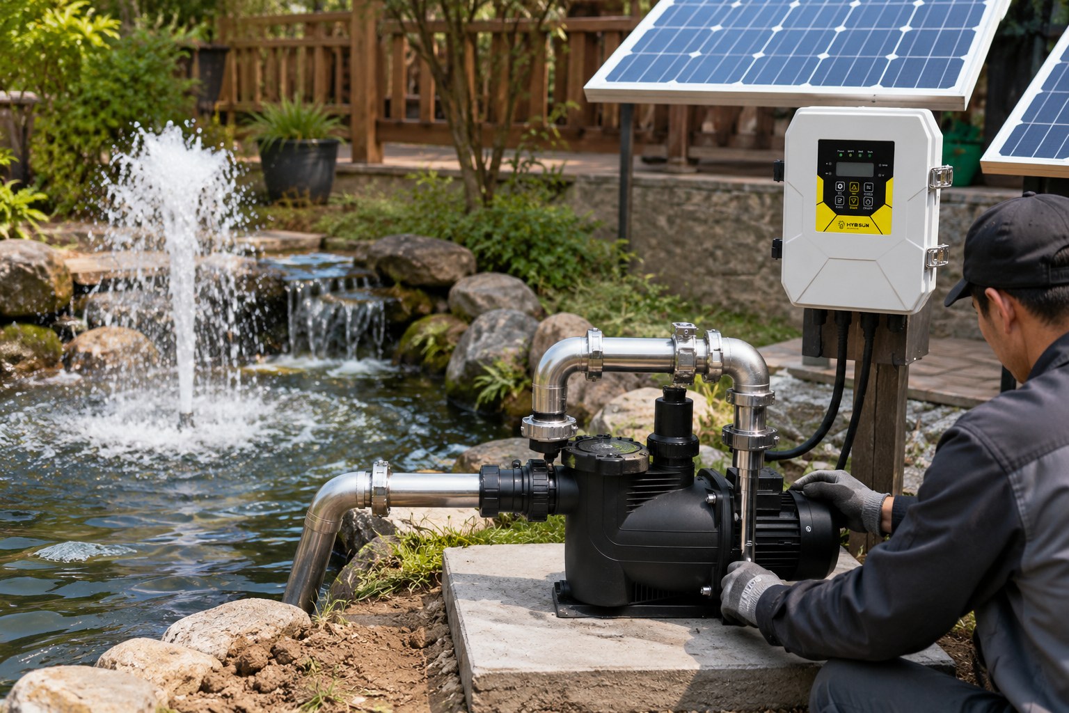 A solar panel next to a garden pond with a fountain