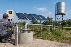 A realistic outdoor installation scene shows a HYBSUN solar pump system set up beside a concrete borehole wellhead in a rural field. A stainless steel 3/4 HP deep well pump is displayed next to the well for product reference, while the actual working system is represented by a clean metal discharge pipe rising from the wellhead and running horizontally toward an elevated water tank. A Chinese technician in workwear is checking the HYBSUN controller mounted beside the well, with solar panels positioned behind the equipment to power the solar water pump. The new metal piping uses professional elbows, flanges, and supports, creating a practical long distance water delivery layout for irrigation or storage. The scene highlights how a well pump can push water across a field when matched with the right pipe size, head calculation, and flow demand, similar to planning a solar powered pond pump or pond pump system for reliable off grid water movement.