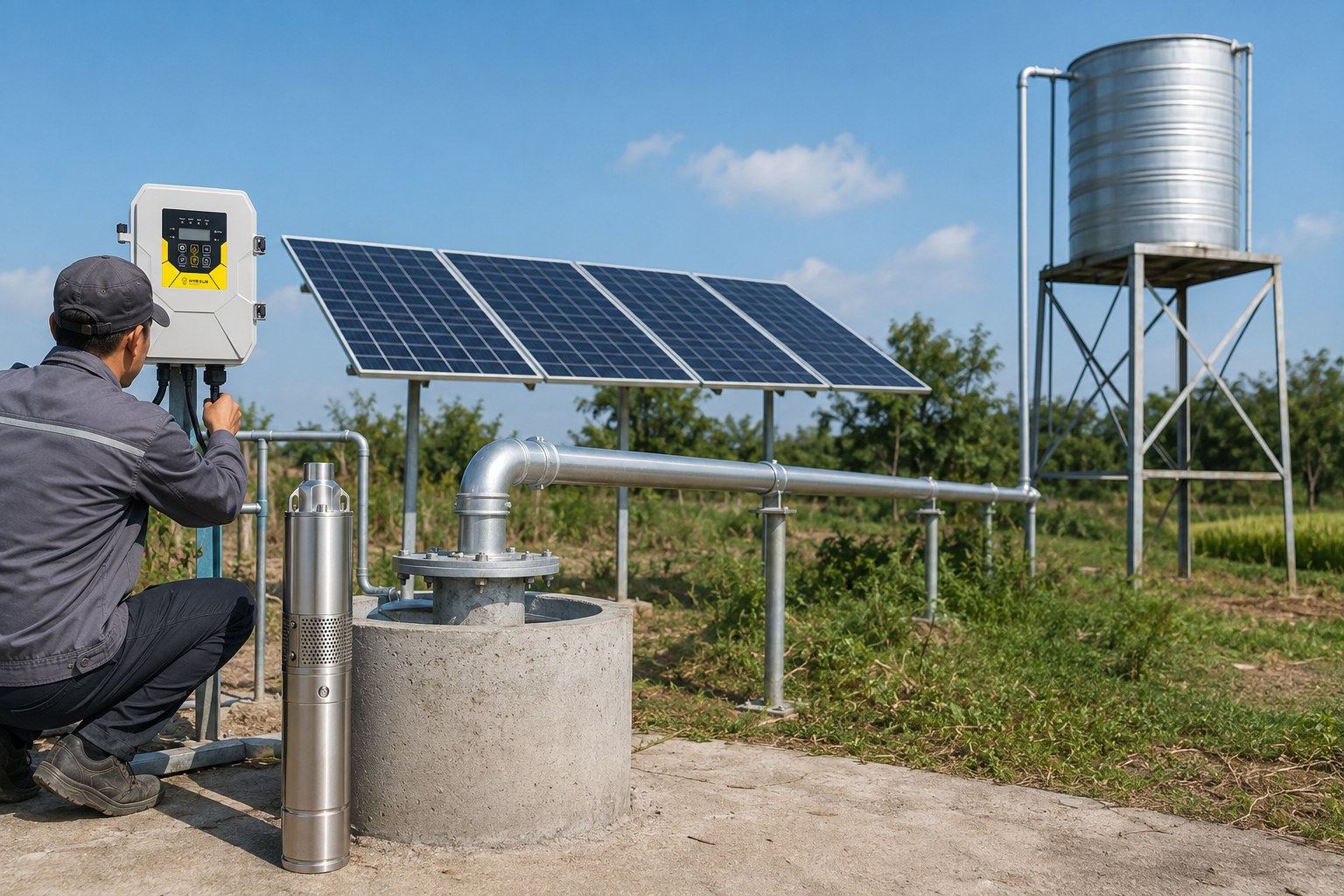 A well pump system laid out on the ground before installation